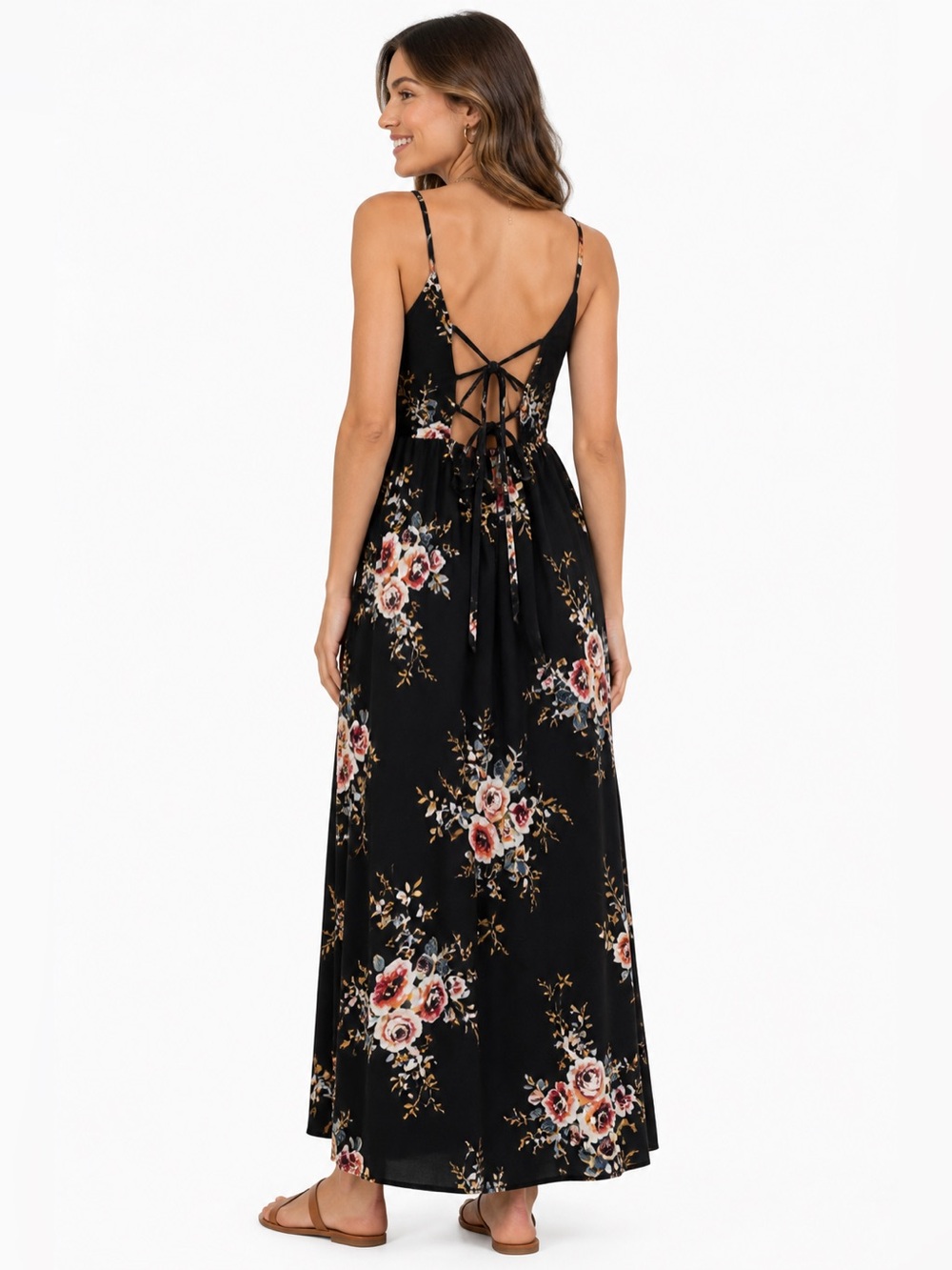 EUC Andthewhy Size Medium‎ Floral Black Strappy Tie Back Maxi Boho Dress